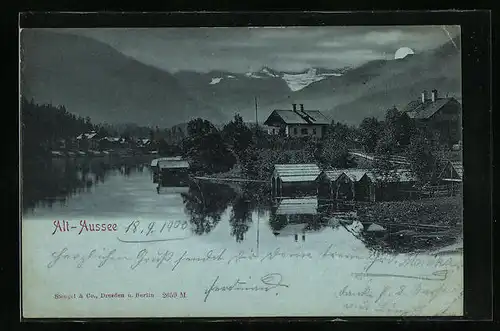 Mondschein-AK Alt-Aussee, Flusspartie mit aufgehendem Mond