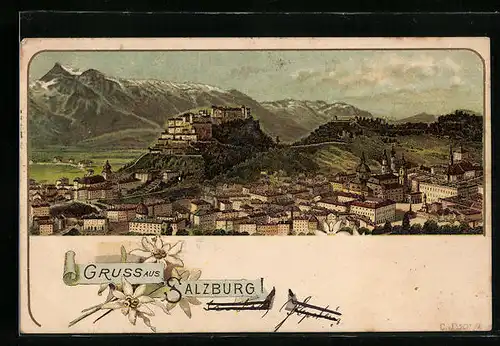 Lithographie Salzburg, Panorama mit Stadt und Gebirge