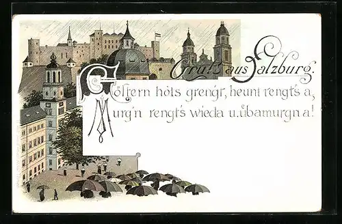 Lithographie Salzburg, Leute mit Regenschirmen bei Dauerregen in der Stadt