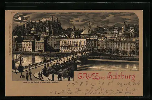 Mondschein-Lithographie Salzburg, Stadtbrücke und Hohensalzburg