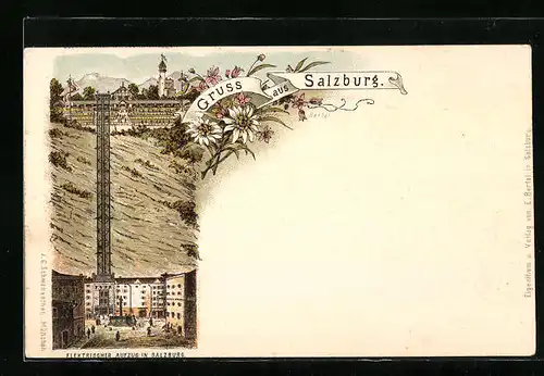 Lithographie Salzburg, Elektrischer Aufzug, Blumengruss