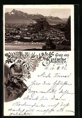 Lithographie Salzburg, Panoramablick auf Stadt und Gebirge, Zwerg mit Blumen