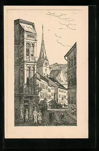 Künstler-AK Ischl, Pfarrgasse mit Kirche