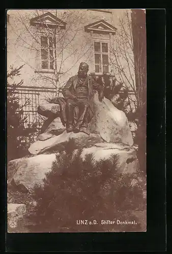 AK Linz a. D., Stifter-Denkmal mit Park