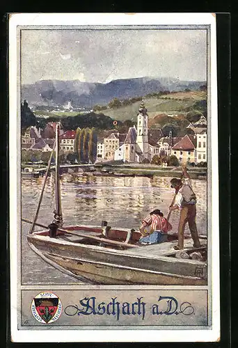 AK Deutscher Schulverein Nr. 440: Aschach a. D., Panorama und Fischerboot