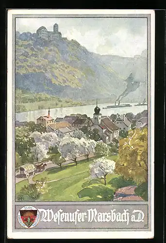 AK Deutscher Schulverein Nr.: 443, Wesenufer-Marsbach, Ortsansicht mit Dampfern