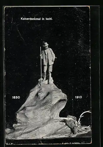 AK Ischl, Kaiserdenkmal mit erlegtem Hirsch