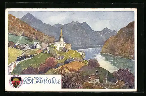 Künstler-AK Deutscher Schulverein Nr. 285: St. Nikolas, Uferpartie mit Kirche und Eisenbahn
