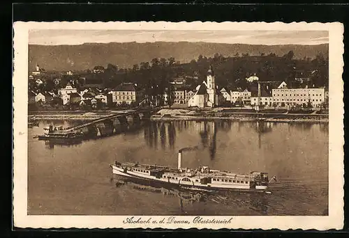 AK Aschach a. d. Donau, Ortsansicht mit Dampfer