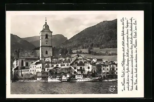 AK St. Wolfgang, Ortsansicht mit Kirche und Dampfer