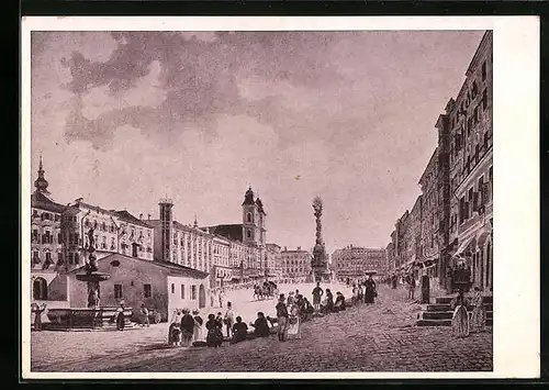 Künstler-AK Linz, Hauptplatz mit Dreifaltigkeitssäule