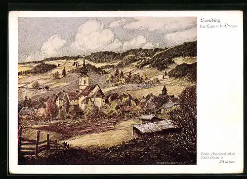 Künstler-AK Leonding, Ortsansicht mit Umgebung