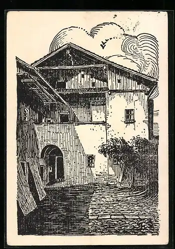 Künstler-AK Peuerbach, Hof des Wirtshauses zur goldenen Sonne