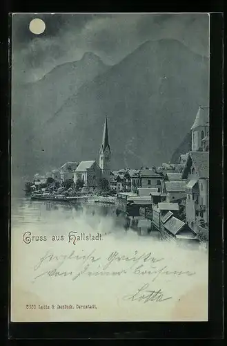 Mondschein-AK Hallstadt, Uferpartie mit Kirche