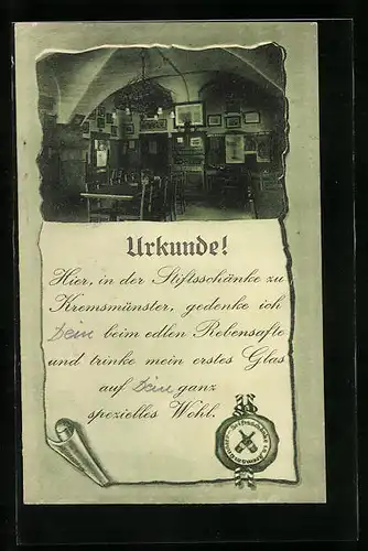 AK Kremsmünster, Gasthaus Stiftsschänke, Innenansicht, Urkunde mit Siegel