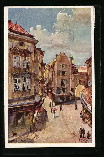 Künstler-AK Steyr, Eingang in die Strasse Enge Gasse mit Apotheke