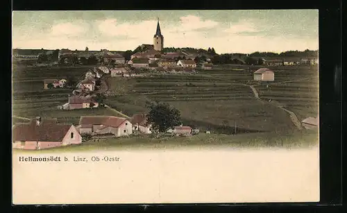 AK Hellmonsödt b. Linz, Ortspartie mit Kirche