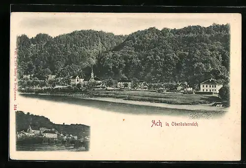 AK Ach, Ortspartie mit Kirche, Brücke