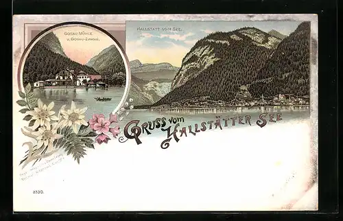 Lithographie Hallstatt, Gruss vom Hallstätter See, Gosau-Mühle u. Gosau-Zwang