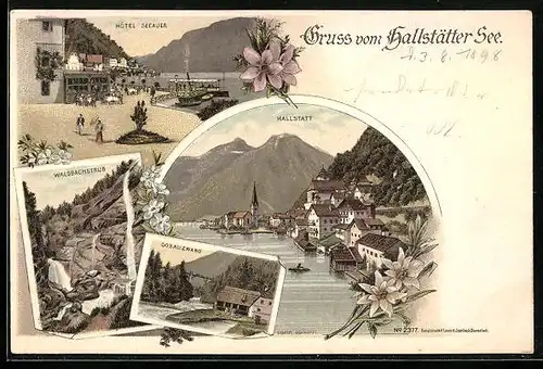 Lithographie Hallstatt, Hallstätter See, Hotel Seeauer, Waldbachstrub, Gosauzwang