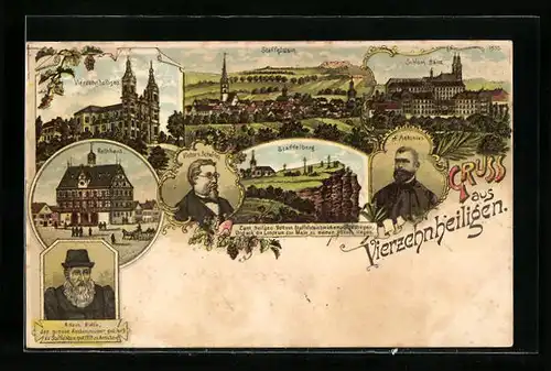 Lithographie Banz, Schloss Banz, Kirche Vierzehnheiligen, Rathhaus