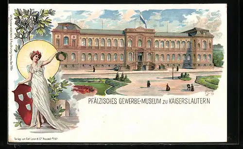 Lithographie Kaiserslautern, Pfälzisches Gewerbe-Museum, Figur mit Wappen und Lorbeerkranz