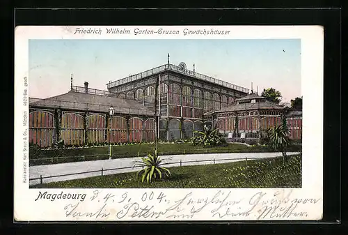 Goldfenster-AK Magdeburg, Friedrich-Wilhelm-Garten-Gruson Gewächshäuser mit leuchtenden Fenstern