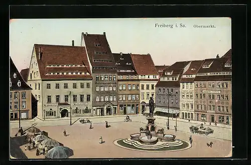 AK Freiberg i. Sa., Obermarkt mit Brunnen