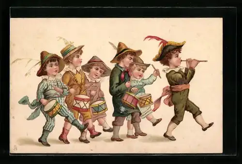 AK Kleine Musiker mit Trommeln und Flöte