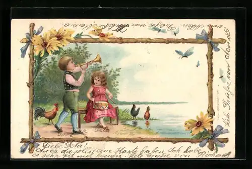 Präge-AK Kleine Musiker mit Trompete und Trommel in Sommerlandschaft