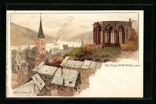 Künstler-AK Manuel Wielandt: Bacharach a. Rh., Ortsansicht mit Ruine und Rheinblick