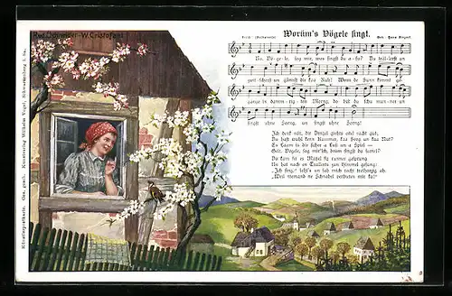 AK Lied Worüms Vögele singt, Haus und Ortsschaft im Frühling
