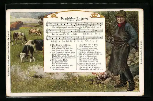 AK Lied Dr zefriedne Kiehgang, Kuhhirt mit weidenden Kühen