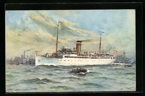Künstler-AK Willy Stoewer: Turbinen-Schnelldampfer Cobra der HAPAG Seebäderdienst GmbH vor einem Hafen