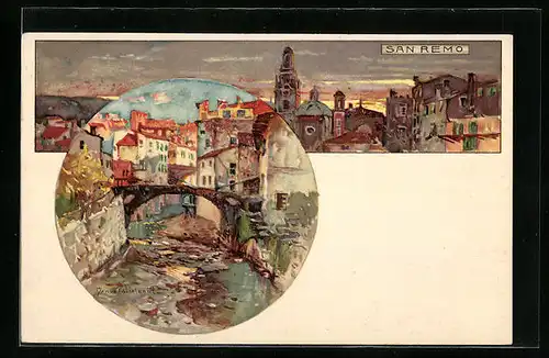 Künstler-AK Manuel Wielandt: San Remo, Teilansicht, Ortspartie mit Brücke