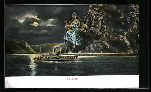Mondschein-AK Loreley-Figur auf ihrem Felsen und ein Dampfer