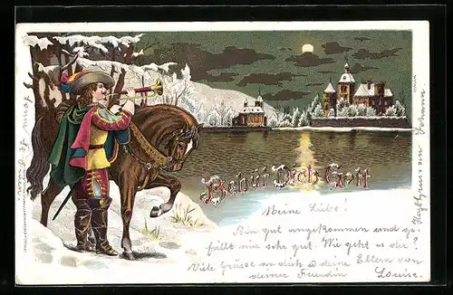 Präge-AK Trompeter mit Pferd vor der winterlichen Stadt im Mondschein, Behüt Dich Gott!