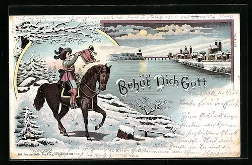 Präge-AK Trompeter bläst Abschiedsgruss im Winter, Behüt Dich Gott!