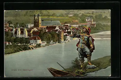 AK Säckingen, Ortsansicht mit Trompeter, Behüt Dich Gott!