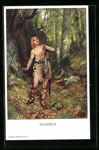 Künstler-AK Siegfried auf der Hut im Wald, Nibelungen