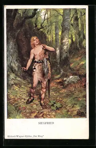 Künstler-AK Siegfried auf der Hut im Wald, Nibelungen, Richard Wagner