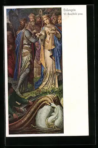 Künstler-AK Szene aus Lohengrin, Parsival reicht seiner Liebsten die Hand