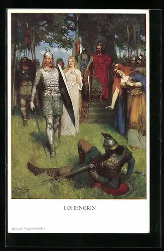 Künstler-AK Szene aus Lohengrin, Parsival im Kampfe