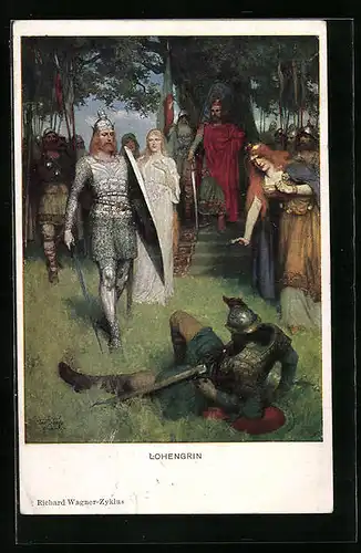 Künstler-AK Lohengrin von Richard Wagner, Parsival hat seinen Gegner am Boden