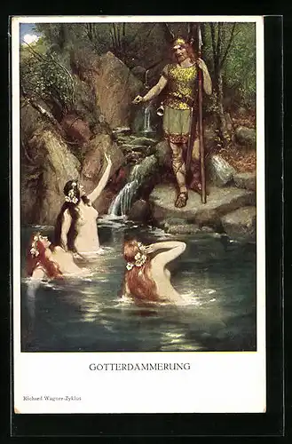 Künstler-AK Götterdämmerung von Wagner, Drei Jungfrauen baden im See, Nibelungen