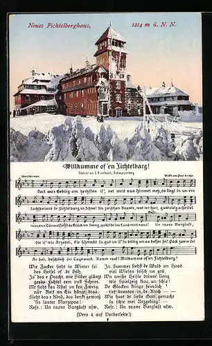 AK Fichtelberg, Neues Fichtelberghaus im Schnee, Willkumme of`en Fichtelbarg!, Lied mit Noten