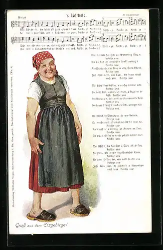 Lied-AK Hilmar Mückenberger: Gruss aus dem Erzgebirge, `s Bärbele, Mei Bärbele die labbt off ganz gruss`n Fuss...