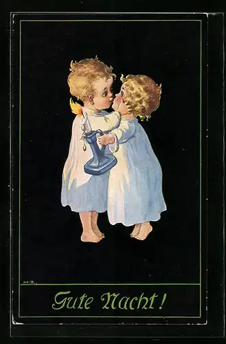 Künstler-AK H. Zahl: Gute Nacht!, Kinderpaar mit Kerze