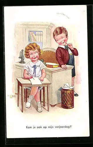 Künstler-AK H. Zahl: Mann und Frau am Schreibtisch