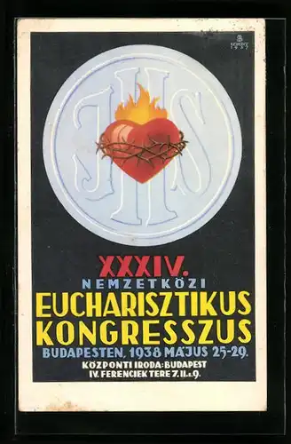 Künstler-AK Budapest, XXXIV. Nemzetközi Eucharisztikus Kongresszus 1938, Brennendes Herz